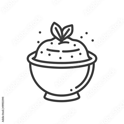 Simple drawing of a bowl with food and leafy garnish