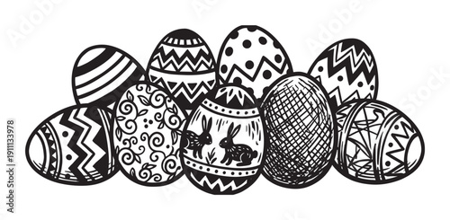 Collection of hand-drawn black and white Easter eggs decorated with various traditional patterns like zigzags, stripes, dots, and bunnies in a festive graphic illustration style