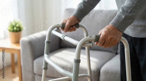 Senior woman with a walker in her living room. Elderly care concept. Support and assistance for aging people. Mobility aid.