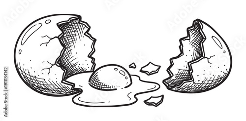 Broken cracked raw chicken egg with its yolk and albumen spilled out, depicted in a hand-drawn black and white sketch style illustration with detailed cross-hatching