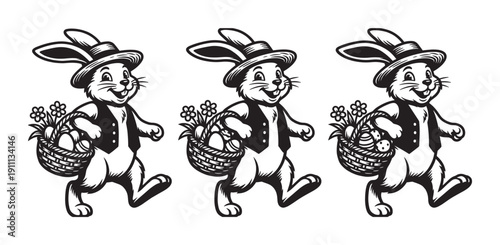 Cheerful cartoon Easter bunny in a hat and vest walks while carrying a basket of decorated eggs and flowers in a vintage black and white illustration style