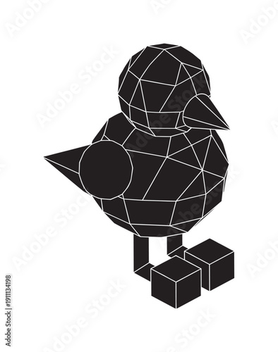 Black geometric low poly bird figure with a faceted surface, conical beak, and cubic feet in a minimalist three-dimensional vector illustration style
