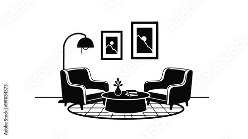 Vector illustration of minimalist living room setup with two armchairs, coffee table, floor lamp, and wall art black and white line art on a transparent background
