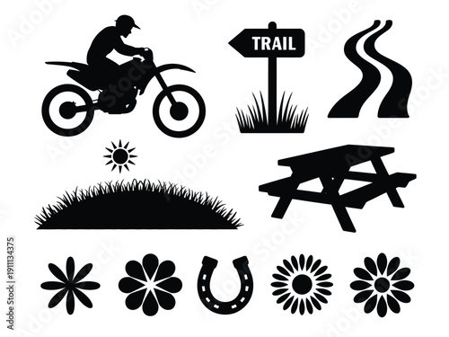 A collection of black silhouettes depicting outdoor recreational activities and nature