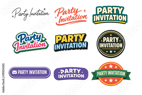 Colorful party invitation designs in various styles and formats
