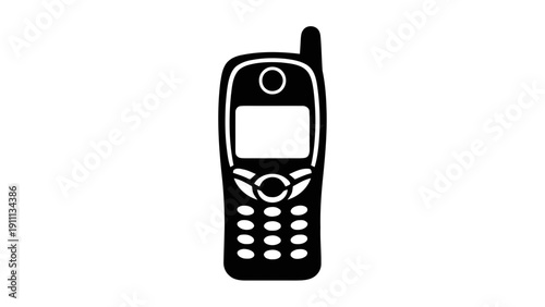 Vector illustration of black and white icon or silhouette of an oldfashioned mobile phone or flip phone with an antenna, on a transparent background
