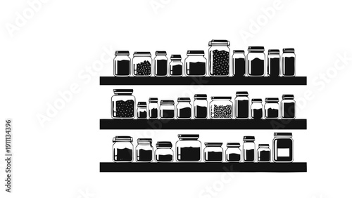 Vector illustration of collection of jars and containers on three shelves, black and white graphic illustration on a transparent background