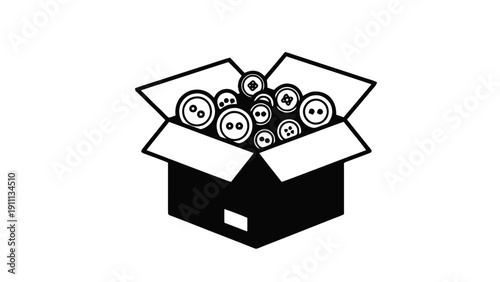 Vector illustration of box full of assorted sewing buttons icon or symbol in black and white outline style on a transparent background