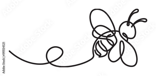 Black continuous one line drawing of a flying bee with a long looping trail, created in a minimalist, elegant, and abstract artistic style for a modern logo or icon