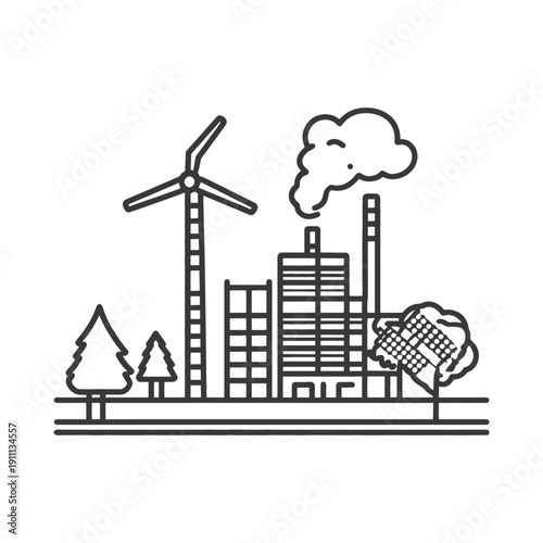 A graphic shows an industrial area with wind turbine and trees