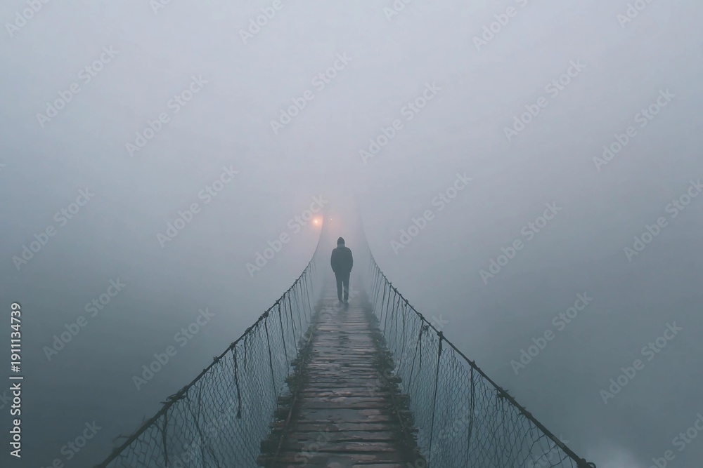 Obraz premium Person walks on a bridge in fog during early morning hours