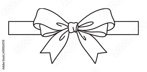 Decorative gift bow with a ribbon illustrated in a simple black and white line art style, featuring a classic knot and elegant loops for a festive and celebratory feel