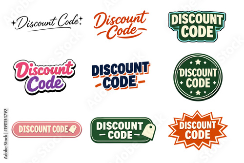 Colorful discount code badges with varied typography and design styles