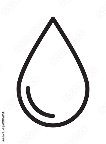 Simple black outline icon of a liquid droplet with a curved reflection detail, presented as a clean and modern vector graphic for concepts of purity and nature