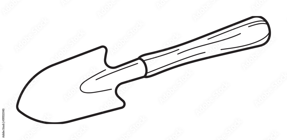 Obraz premium Small garden trowel hand tool illustrated with a bold black outline in a simple, minimalist sketch style, perfect for gardening concepts, icons, or coloring pages