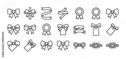 Large set of black line icons featuring various gift bows, ribbons, award rosettes, knots, and tags for presents and celebration, presented in a simple minimalist vector style