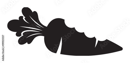 Black carrot silhouette illustration with a lush leafy top, depicted in a clean, minimalist graphic style suitable for healthy eating, gardening, or vegetarian concepts