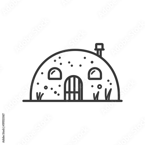 A simplistic black and white illustration of a small dwelling house