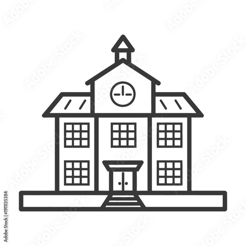 The simple illustration of a school building with clock tower and doors