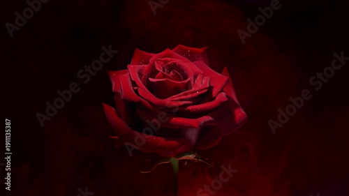 Scarlet rose emerging from dark crimson smoke in gothic atmosphere. Deep shadows and dramatic light create mysterious mood of passion, forbidden love and dark romantic intensity.