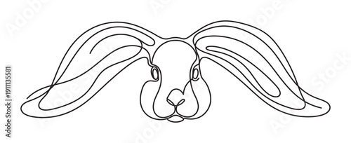 Lop-eared rabbit head drawn with a single continuous black line in a minimalist and modern art style, creating a simple and elegant graphic illustration of the animal