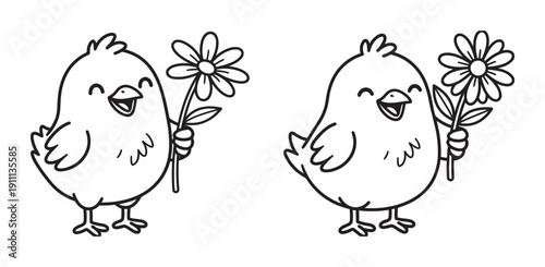 Two cute cartoon baby chicks holding flowers, a charming black and white line art illustration with a happy and cheerful expression for children's coloring pages or spring designs