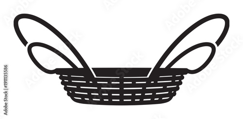 Empty woven shopping basket with two large handles is depicted in a simple black and white graphic illustration, representing retail, groceries, and carrying items
