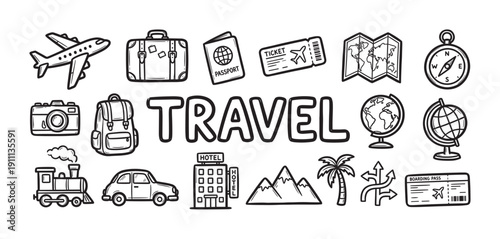Hand-drawn black and white travel icons set featuring an airplane, passport, luggage, and globe in a cute doodle sketch style for vacation and tourism concepts