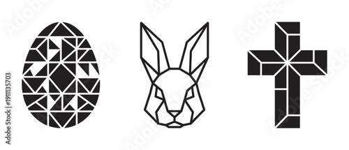 Set of three geometric Easter symbols including a patterned egg, a polygonal rabbit head, and a Christian cross in a minimalist black and white graphic style