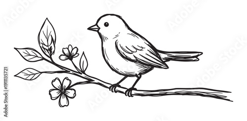 Hand-drawn black and white bird perched on a delicate flowering branch with leaves, rendered in a simple and charming doodle sketch style for a natural, whimsical feel