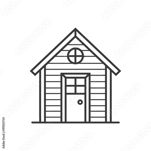 Simple black and white illustration of a small wooden shed