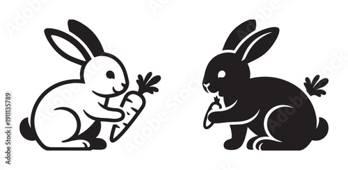 Two cute cartoon rabbits holding carrots in a simple black and white graphic illustration style, one as an outline and the other as a solid silhouette for a logo or icon
