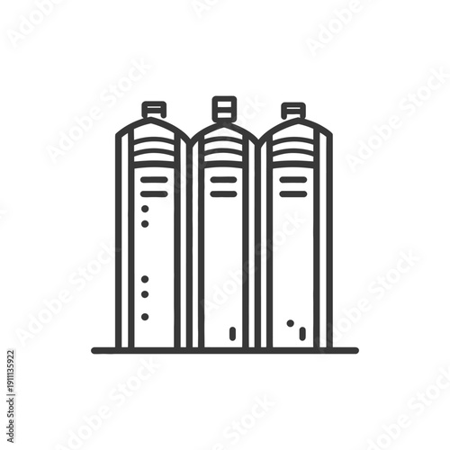 Three stylized industrial tanks lined up on a base