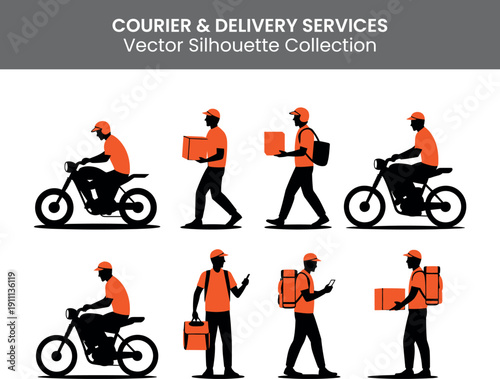 Delivery personnel in uniform delivering goods on foot and by motorcycle with various packages and bags, showcasing logistics and transportation services.