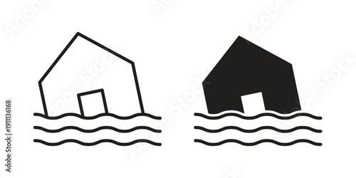 Flooded house icon. Line and Silhouette Icon Set.