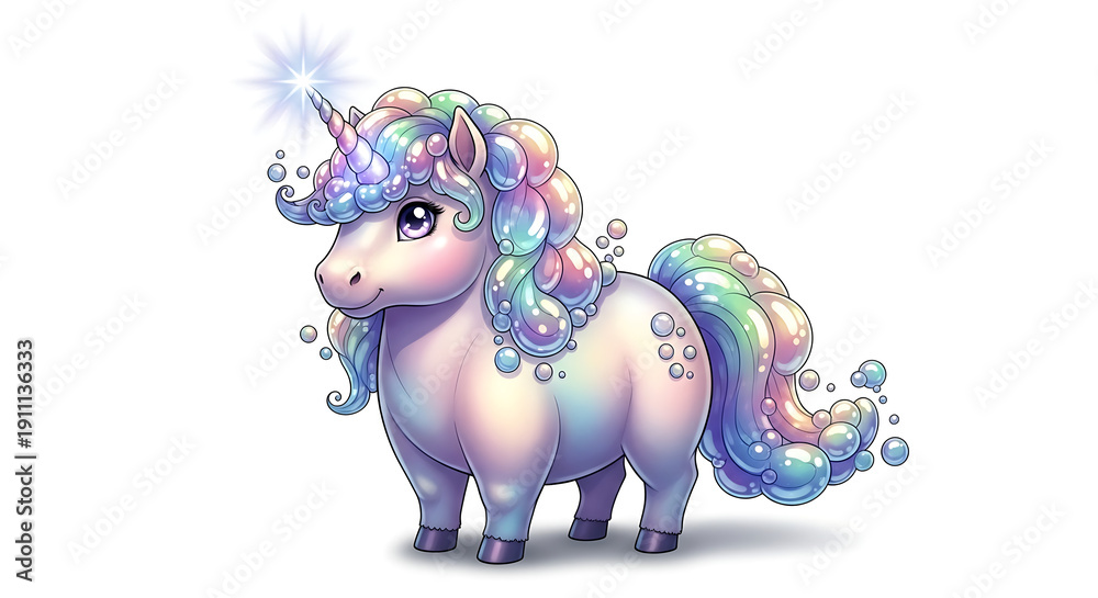 Fototapeta premium Cute cartoon unicorn with a rainbow mane and a sparkling horn, isolated on white.