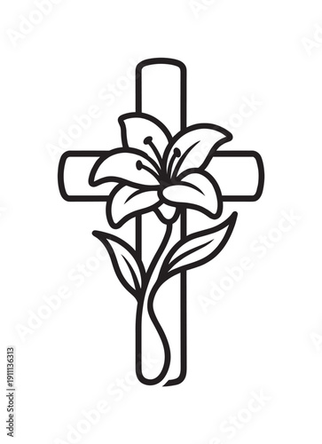 Black line art Christian cross intertwined with a beautiful lily flower symbolizing faith, resurrection, and purity in a minimalist vector illustration style