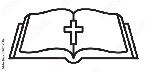 Open Holy Bible with a Christian cross symbol in the center, presented as a minimalist black and white line art icon for religious and spiritual concepts