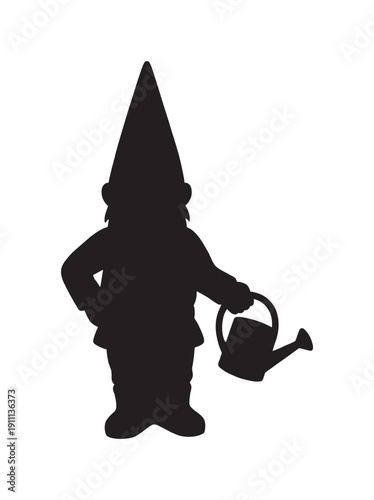 Black silhouette of a garden gnome character holding a watering can, a minimalist vector icon representing gardening, folklore, and outdoor landscaping decoration