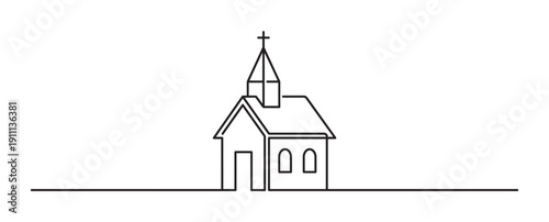 Continuous one line drawing of a church building with a cross on its steeple, rendered in a minimalist black outline style for a clean and modern religious concept