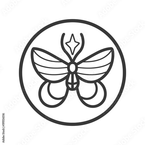 A stylized moth design enclosed within a solid circular border