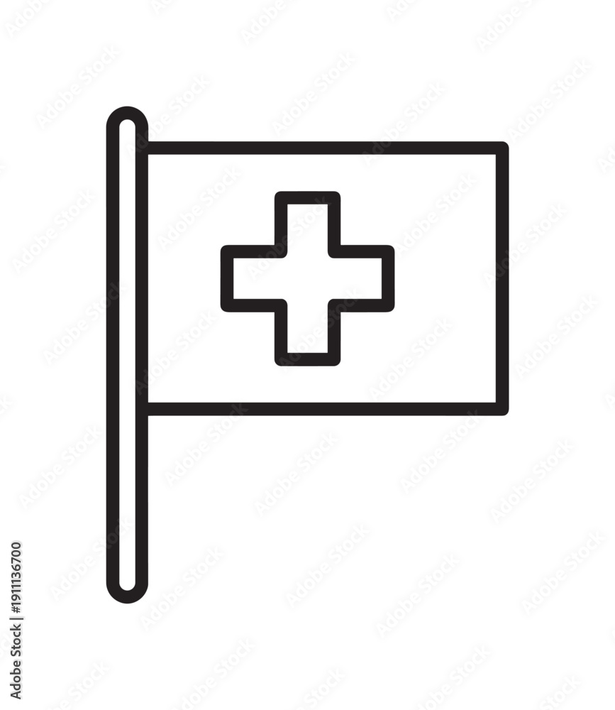 Obraz premium Medical first aid flag icon with a cross symbol in a minimalist black line art style, representing healthcare, emergency services, and hospital assistance on a flagpole