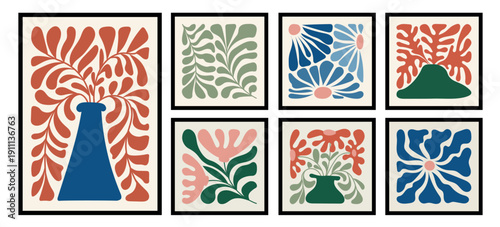 Modern abstract plant and flower prints in bold cutout style featuring red, green, blue, and pink botanical shapes on light backgrounds