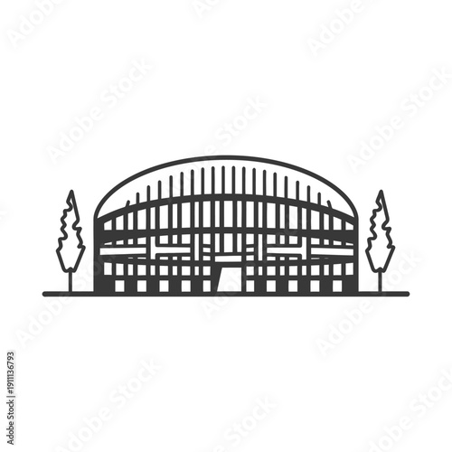 An architectural structure image featuring a large building and some trees