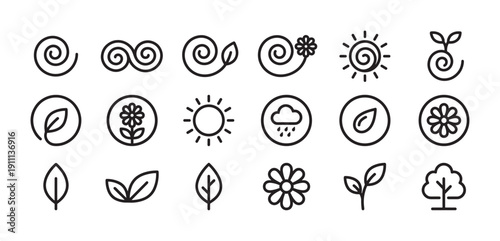 Collection of black line art nature icons representing ecology and weather, featuring minimalist symbols for sun, flower, leaf, rain, tree, and organic growth concepts