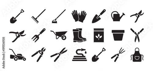 Large set of black gardening tool icons showing equipment for yard work and horticulture, including a shovel, rake, gloves, and watering can in a flat silhouette vector style