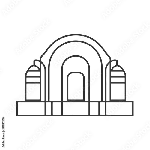 A simple black and white architectural structure with arches and pillars