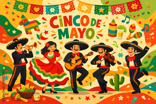 A vibrant illustration of a Cinco de Mayo celebration with people dancing and playing music