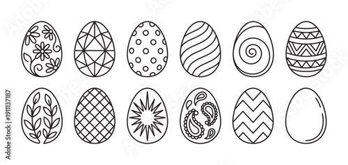 Collection of twelve decorated Easter eggs with various doodle-style patterns like flowers, geometric shapes, and swirls, presented as a simple black and white line art icon set