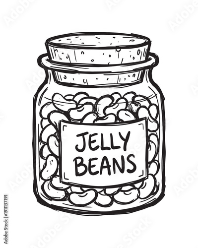 Glass jar of jelly beans with a cork stopper and a handwritten label, depicted in a charming black and white hand-drawn sketch style illustration